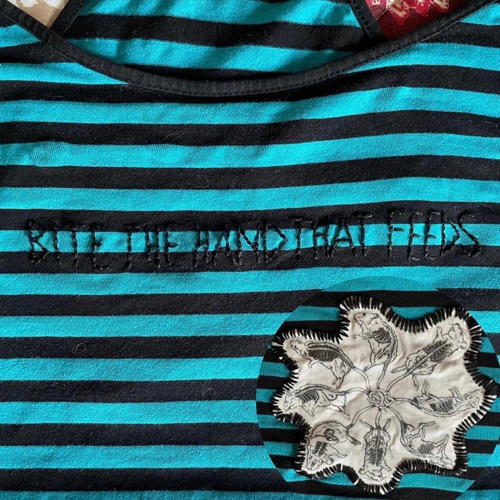 reworked black and blue striped crop top